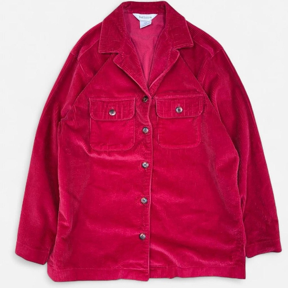 Vintage Van Heusen Bright Pinkish Red Corduroy Shacket Long Sleeve Button Down